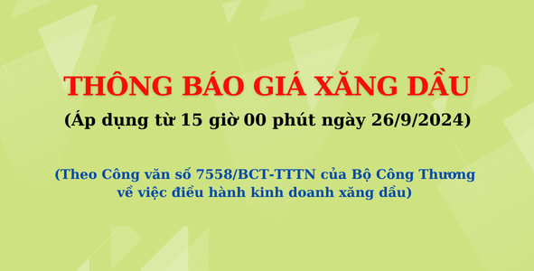 Giá xăng dầu áp dụng từ 15 giờ 00 phút ngày 26 tháng 9 năm 2024