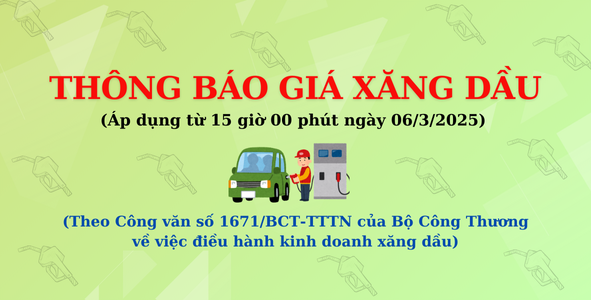 Giá xăng dầu áp dụng từ 15 giờ 00 phút ngày 06 tháng 3 năm 2025